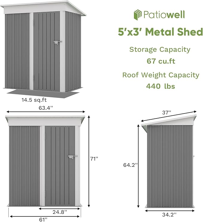 Patiolife 5x3 FT Outdoor Storage Shed, Metal Shed with Lockable Door & Sloping Roof, Steel Tool Shed for Backyard Patio Lawn, Grey