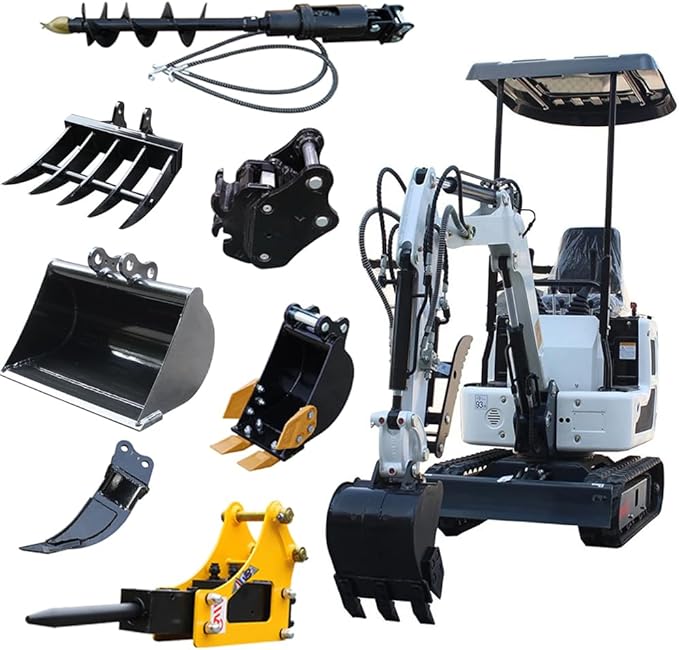 Mini Excavator for 1 Ton B&S Engine with Hydraulic Thumb Clamp,Standard Bucket, 200mm Bucket,Broken Hammer,Ripper, Mud Bucket, Rake, Auger, Quick Change Attachments (W 7 attachments)