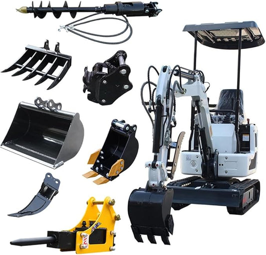Mini Excavator for 1 Ton B&S Engine with Hydraulic Thumb Clamp,Standard Bucket, 200mm Bucket,Broken Hammer,Ripper, Mud Bucket, Rake, Auger, Quick Change Attachments (W 7 attachments)