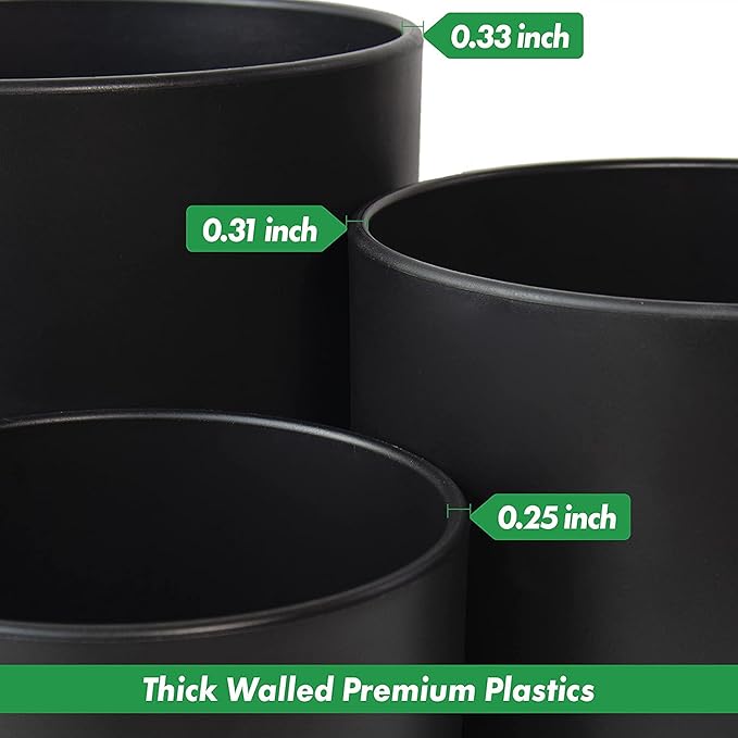 D'vine Dev 8 Inch 10 Inch 12 Inch, Set of 3 Plastic Planter Pots for Plants with Drainage Hole and Seamless Saucers, Black Color, X-Large, 74-V-B-5