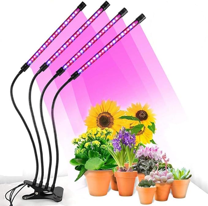 LED Grow Lights for Indoor Plants, 80W Plant Grow Lights Full Spectrum Auto ON Off with 3/9/12H Timer, 9 Dimmable Lightness Clip-On Desk Grow Lamp Bulbs (4 Heads)