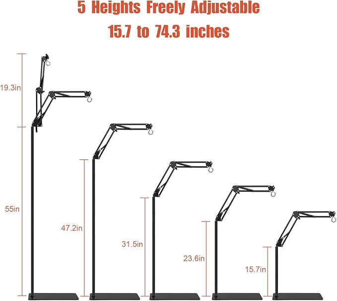 Dual Reptile Lamp Stand - Adjustable Height (15.7in to 74.3in) Metal Light Holder with 2 x 360° Adjustable Arms for Hanging Heat Lamp Fixture Dome Lampshades in Tank and Glass Terrarium