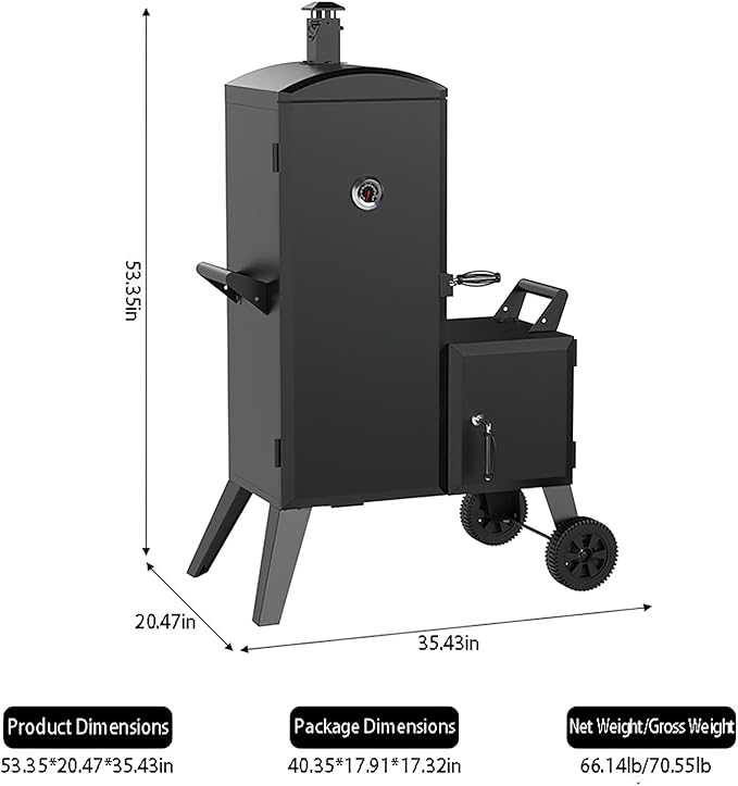 Vertical Cabinet Charcoal Smoker, Black Steel, BBQ Grill with Wheels, Temperature Gauge, Removable Ash Pan, 53x20x35 Inches