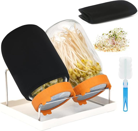 Lulonpon Sprouting Kit, 2 Sprouting Jar Kits, Wide Mouth Quart Mason Jars with Stainless Steel Screen Sprout Lids,1000ml Sprouts Growing Kit, Seed Sprouter Set for Growing Broccoli, Bean, Alfalfa