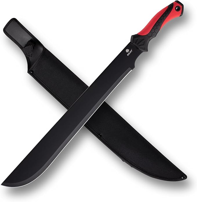REAT Gardening Heavy Duty Machete,24" Full Tang Machete with Shaeth,Ergonomic No-Slip Handle,Machetes for Bushcraft, Outdoor Hunting, Garden Cutting Trees and Yard Work (Red)