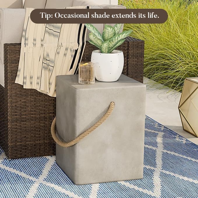 COSIEST Concrete Side Table, Rectangular Outdoor Side Table w Hemp Rope Handles,15''Patio Side Tables End Table, Outdoor Accent Coffe Table for Garden and Patio, Grey