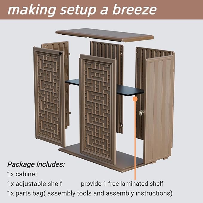 ZZM HDPE Outdoor Storage Shed, Outdoor Plastic Storage Cabinet, Horizontal Resin Tool Shed for Garden, All Weather Outdoor Storage Clearance, DIY Usage, with one Shelf (Coffee)