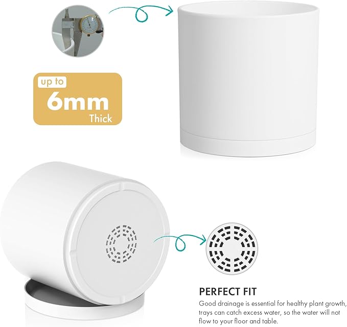 8 Inch Cylinder Plant Pots for Indoor Outdoor Plants, Medium Deep Flower Pots with Drainage Holes & Saucer, Decorative Plastic Planter Pots for Garden House Plants, White