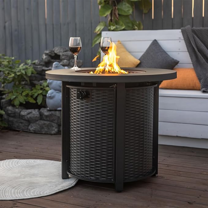 30'' Round Propane Fire Pit Table, 50,000 BTU Steel Gas FirePit for Outdoor, Fire Table with Lid, Add Warmth & Ambience to Gatherings and Parties On Patio Deck Garden Backyard, Black.