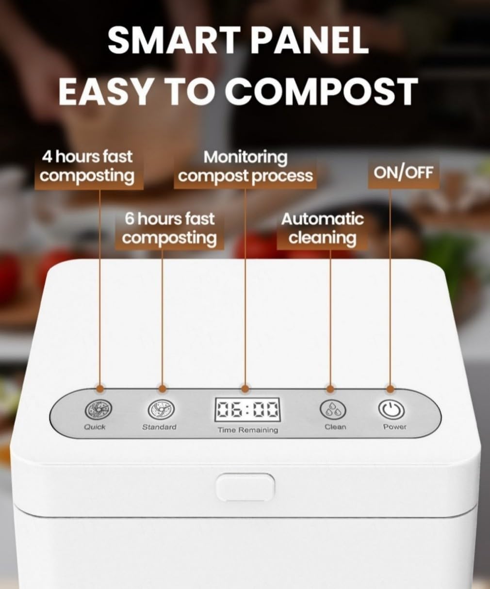 3L Compact Electric Composter for Kitchen, Odorless Smart Compost Bin, Self-Cleaning & Digital Display - Fast 4-6H Food Waste to Fertilizer Conversion for Outdoor Use