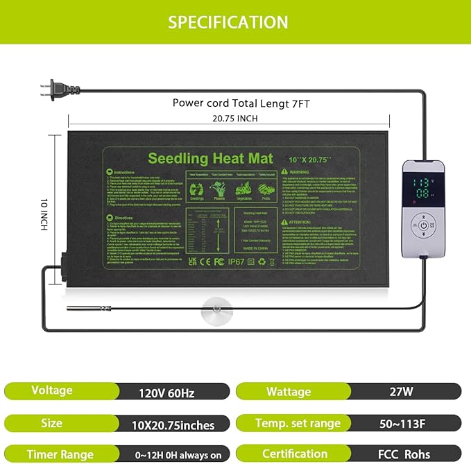 Seedling Heat Mat 10X20.75`` with Thermostat Temperature Controller Auto Off Timer Durable Waterproof Plant Heating Pad Warm Hydroponic Heating Mat for Seed Starting Germination Plant Propagation (1)