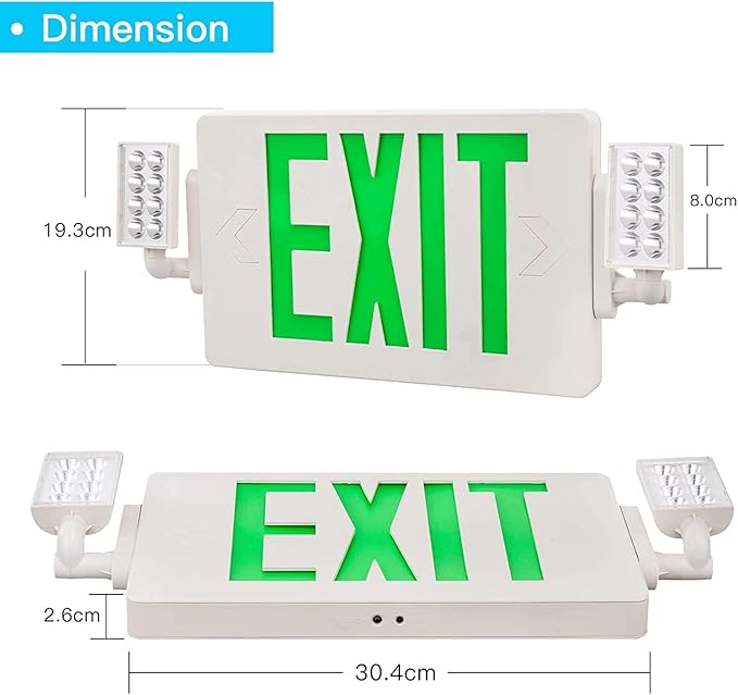 Spectsun 2 Packs Exit Signs with Emergency Lights,120-277VAC -LED Combo Emergency Light with Backup Battery-Double Face UL Listed Green Letter Exit Sign Lighting-Hard Wired-Fire Resistant