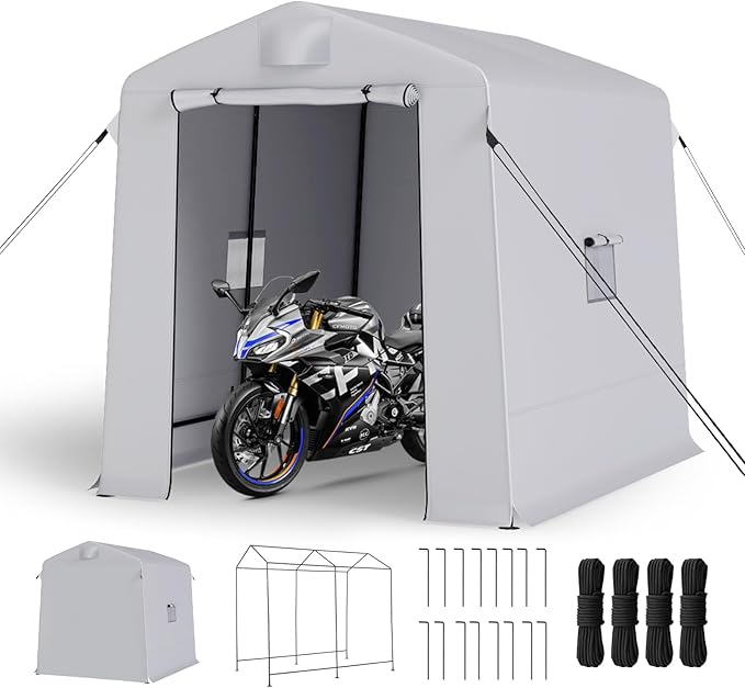 6x8 ft Outdoor Storage Shelter Shed with Roll-Up Zipper Doors & Mesh Windows, Portable Waterproof Storage Tent for Motorcycle, Bike, Firewood, Lawn Mowers, Garden Tools (Gray)