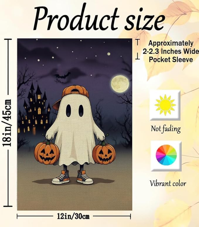 Halloween Ghost Garden Flag 12x18 Inch Double Sided, Pumpkin Castle Moon Burlap Autumn Seasonal Holiday Yard Outdoor Decor Halloween8