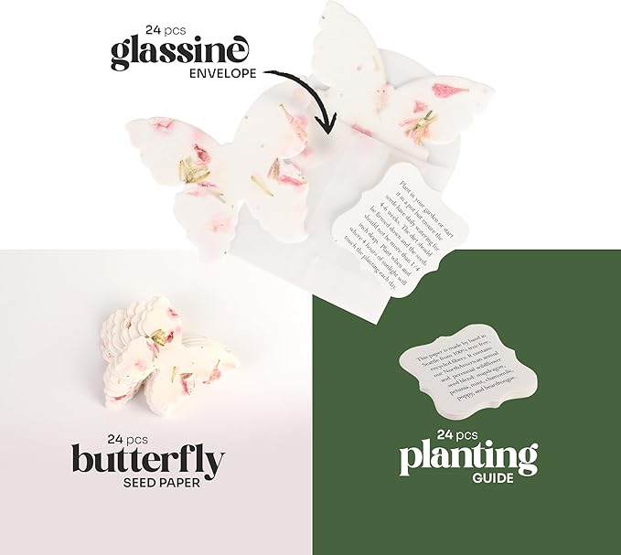 Set of 24 Pink Butterfly – Plantable Seed Paper Embedded with Wildflower Seeds for Bridal Shower, Wedding Gift, Birthday, & Other Milestone Celebrations