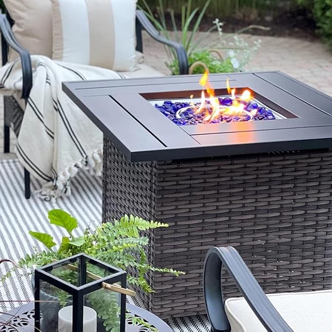 Sophia & William 32 Inch Gas Fire Pit Table Outdoor Rattan Propane Fire Table & Fireplace with Fire Glass, Lid, 50,000 BTU Firepits for Outside Patio