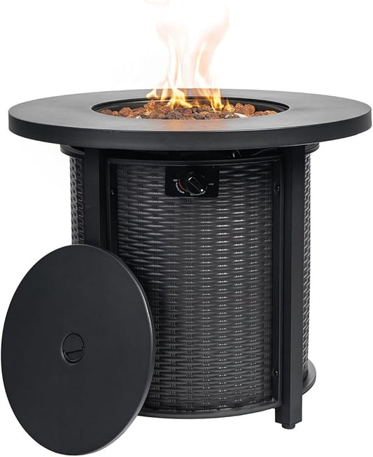 30'' Round Propane Fire Pit Table, 50,000 BTU Steel Gas FirePit for Outdoor, Fire Table with Lid, Add Warmth & Ambience to Gatherings and Parties On Patio Deck Garden Backyard, Black.