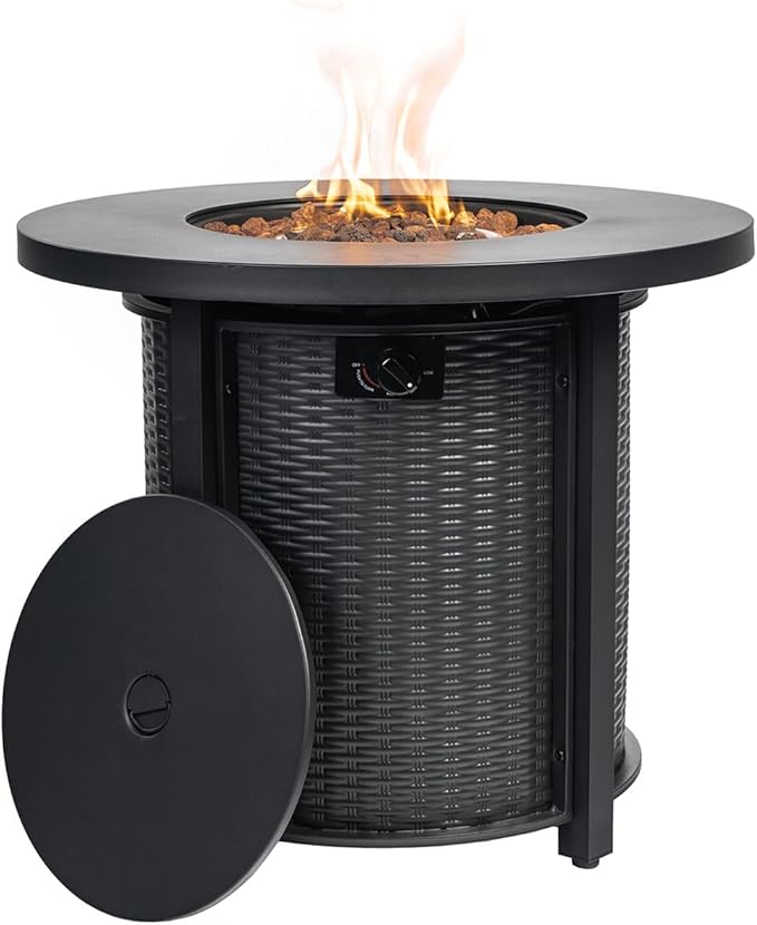 30'' Round Propane Fire Pit Table, 50,000 BTU Steel Gas FirePit for Outdoor, Fire Table with Lid, Add Warmth & Ambience to Gatherings and Parties On Patio Deck Garden Backyard, Black.