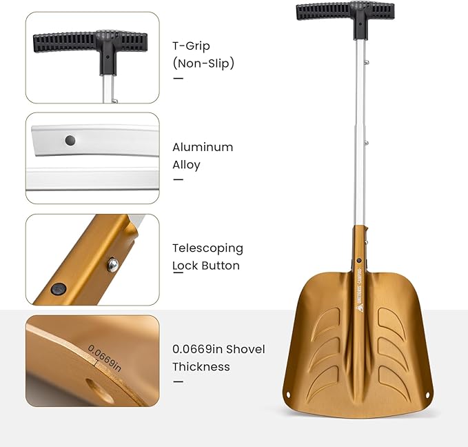 OneTigris Snow Shovel, Collapsible Aluminum Alloy with Ice Scraper Brush - Portable Folding Shovel for Camping, Car Emergency, Winter Outdoor - 25.98" Lightweight Durable Design (Coyote Brown)