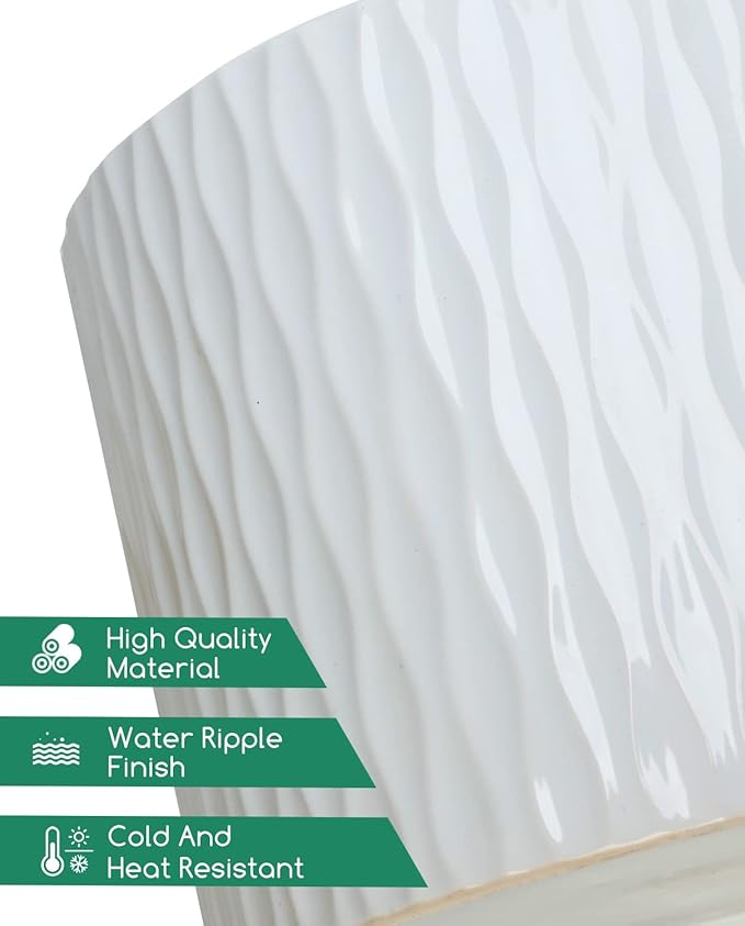 LaDoVita Ceramic Plant Pot with Stand, 10 Inch Planter with Wood Shelf, Modern Round Flower Pots Indoor with Wood Planter Holder, White Water Ripple Pattern