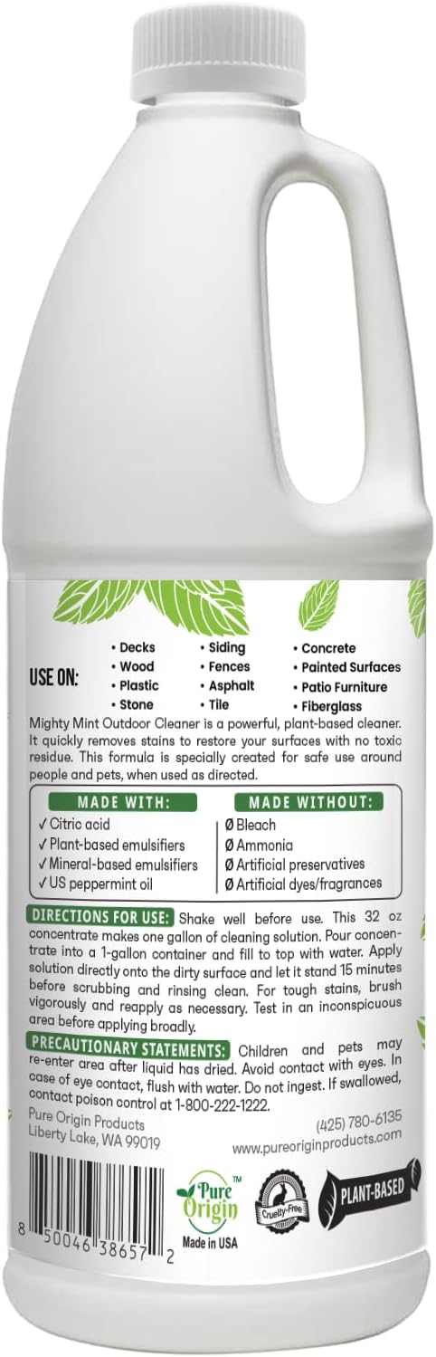 Mighty Mint Outdoor Cleaner, Powerful | Bleach-Free | Biodegradable, Cleans Stains on Wood, Decks, Concrete, Patios, and Vinyl Siding, Natural Mint Scent, 32oz