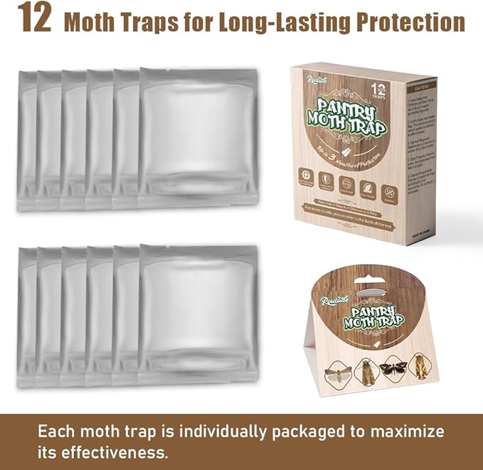 12 Pack Powerful Pantry Moth Trap with Pheromone Attractant and Sticky Glue, Long-Lasting Moth Traps for Pantry, Kitchen, Food Storage, and Closet, Effective Pest Control, Non-Toxic and Easy-to-Use