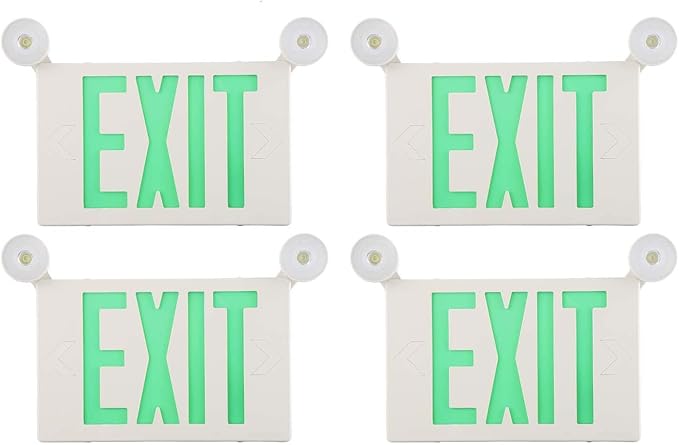 SPECTSUN LED Exit Sign Battery Backup, Green Exit Emergency Light with 2 Lamp Heads, Fire Exit Sign with Emergency Lights, Hardwired Exit Sign - 4 Pack, Ceiling/Wall Mount 2 sided Exit Sign with Arrow