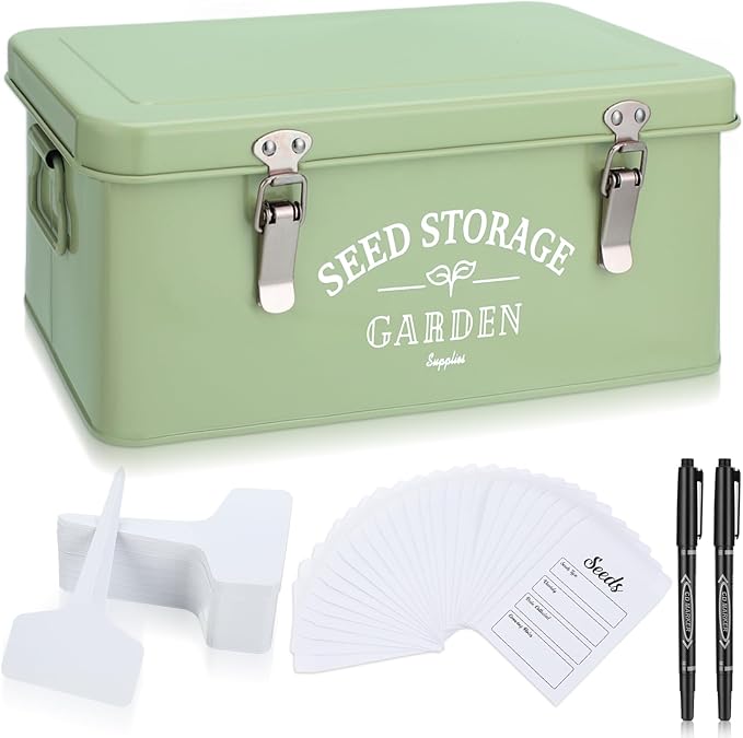 Maitys Seed Storage Container Box with Lid Garden Seed Packet Storage Organizer Decorative with Dividers and 100 Plant Labels 50 Seeding Envelopes 2 Marker Pens(Groovy,12.8 x 6.8 x 5.4)