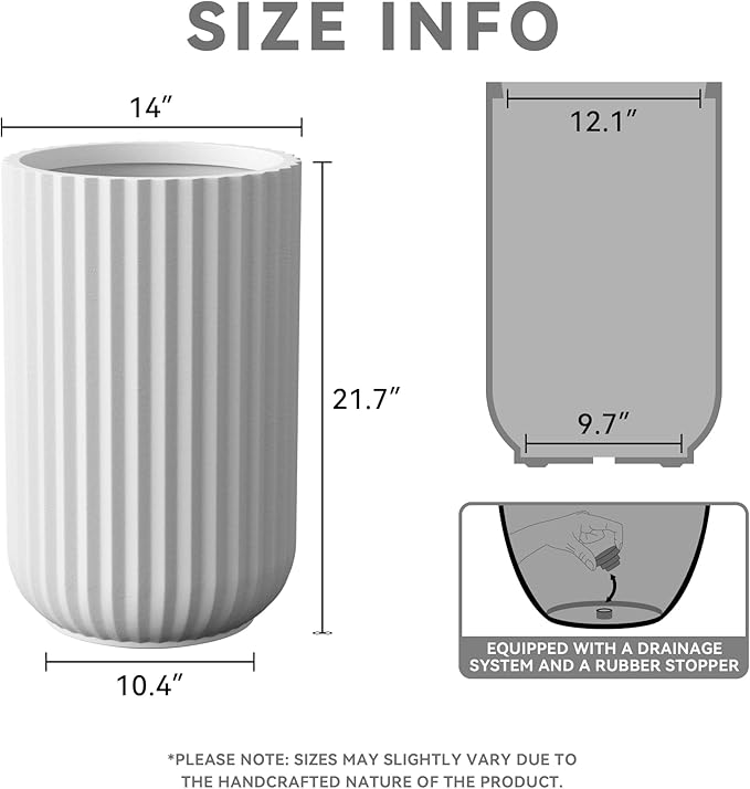 Kante Tall Fulted Planter, 21.7 Inch Tall Round Concrete Plant Pots with Drainage Hole and Rubber Plug, Modern Decor for Indoor Outdoor Plants, Flower, White