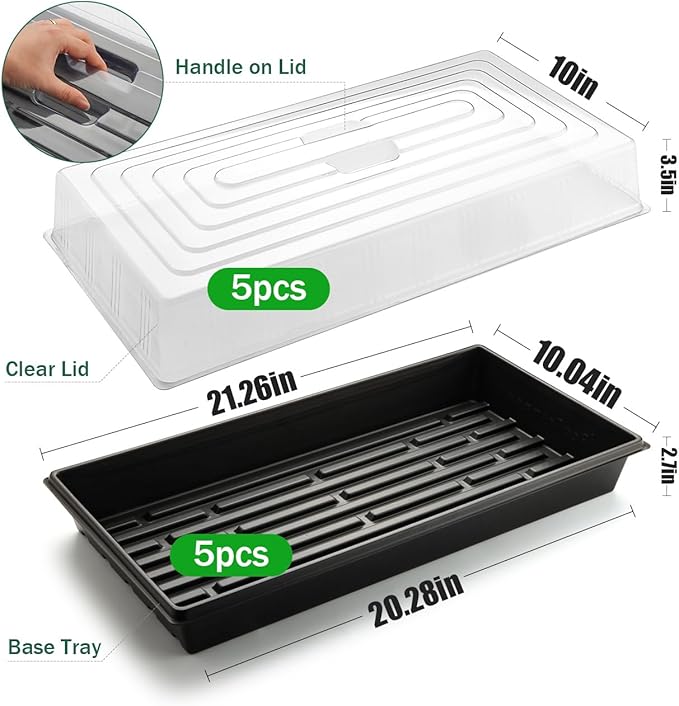 5-Pack 1020 Seed Trays with Humidity Domes - Reusable Heavy Duty Plant Propagation Trays, 3.6" 1020 Clear Greenhouse Covers & Handle for Seedlings, Cloning, Microgreens (No Holes Design)