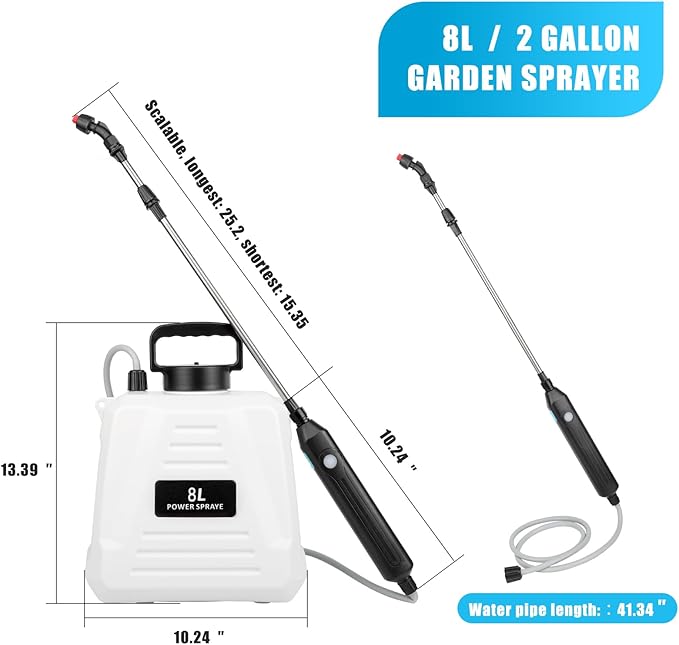 2 Gallon Battery Powered Sprayer, Electric Garden Sprayer, Pump Sprayer with 3 Mist Nozzles & USB Rechargeable Handle & Retractable Wand & Adjustable Strap for Lawn, Garden, Yard (White)