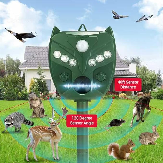 Solar Motion Sensored Animal Repellent, Motion Sensor Sound Flashing Light, Repel Rabbit, Deer, Squirrers, Birds, Fox, Raccoon, Skunk, Coyote for Yard, Outdoors