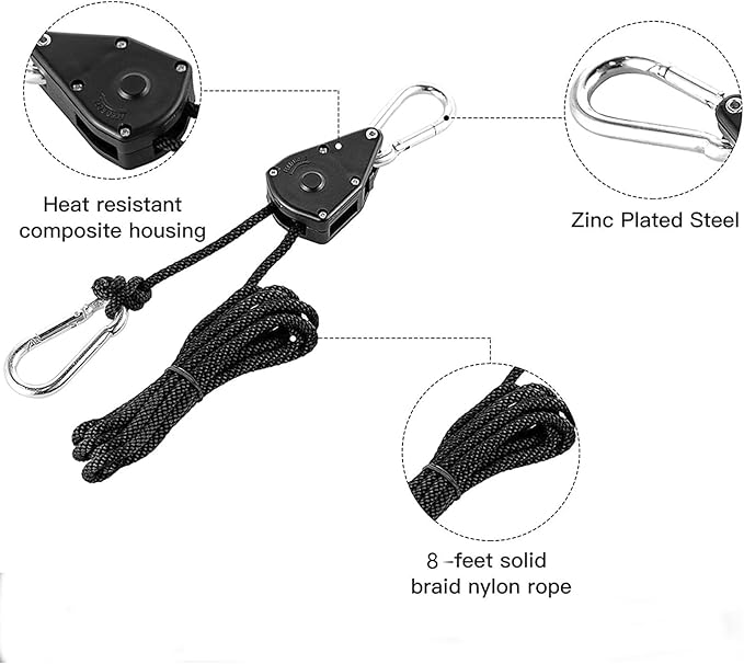 Grow Light Rope Hanger 50Pairs，1/8" 8-Feet Long Heavy Duty Adjustable Rope Clip Hanger, Adjustable Rope Ratchet Hangers 150 Lbs per Pair Used with Grow Light, Grow Bags