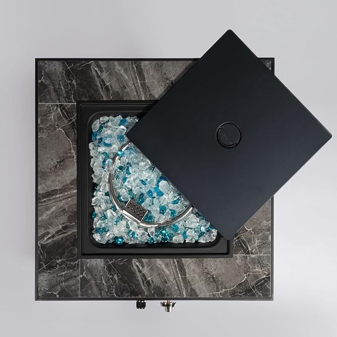 24in Outdoor Propane Gas Fire Pit Table, 40,000 BTU Auto-Ignition Gas Firepit with Glass Wind Guard, Marble Tile Tabletop, Mixed Color Glass Rocks, Brown PE Rattan