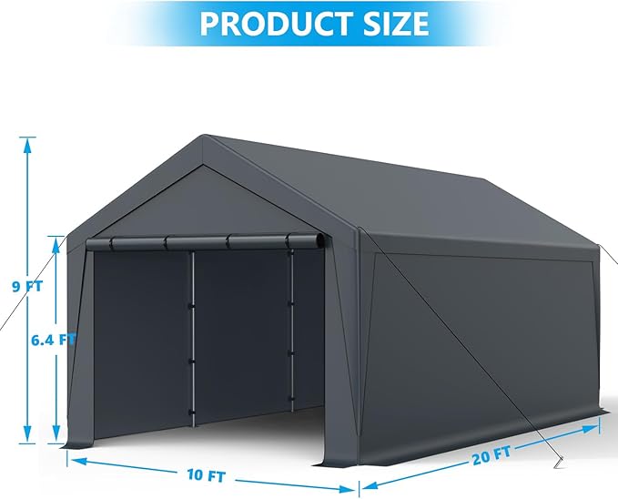 10x20FT Heavy Duty Portable Carport - All-Weather Enclosed Shelter for Cars, Trucks, SUVs & Boats, Waterproof & UV-Resistant Canopy with Removable Sidewalls, Doors, Ground Stakes (Gray)