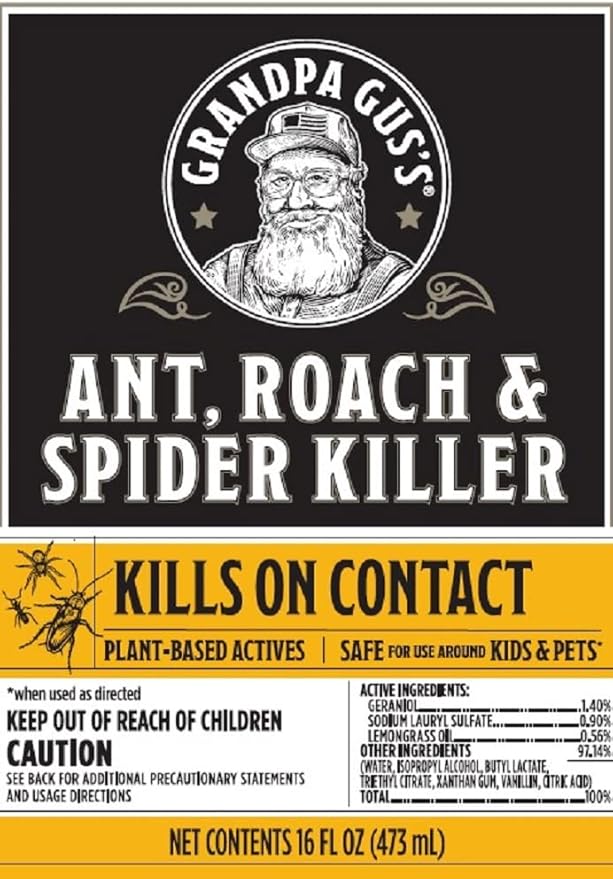 Grandpa Gus's Natural Ant Roach Spider Killer Spray, Fast-Acting Plant-Based Insect Control, Safe for Kids Pets, Indoor Outdoor Use, Non-Greasy, Fresh Scent, 16 fl oz
