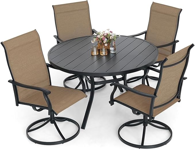 5-Piece Outdoor Dining Set, 48'' Round Table with 4 Swivel Chairs All Weather Furniture Set - Brown Style1
