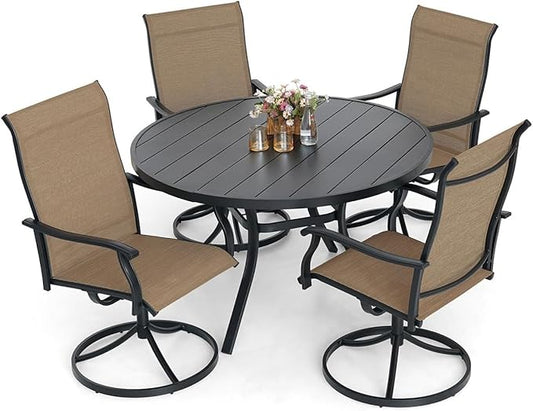 5-Piece Outdoor Dining Set, 48'' Round Table with 4 Swivel Chairs All Weather Furniture Set - Brown Style1
