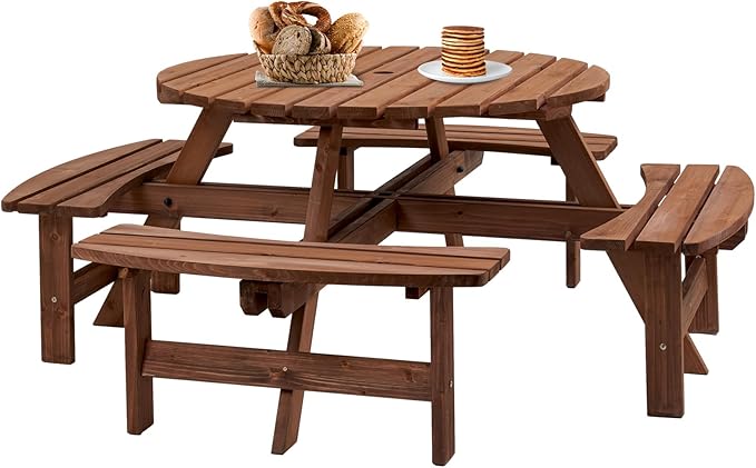 8-Person Round Wooden Picnic Table with Seat, Outdoor Camping Dining Table with 4 Built-in Benches, Brown