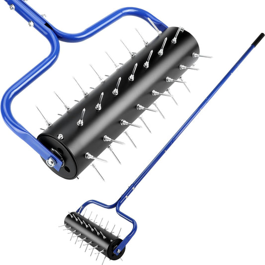Rolling Lawn Aerator, 21" Pre-Assembled Aerator Lawn Tool, Heavy-Duty Grass Aerator with 45 Spikes, 75" Adjustable Handle Lawn Spike Aerator Roller – Yard Aerator for Lawn Care, Blue