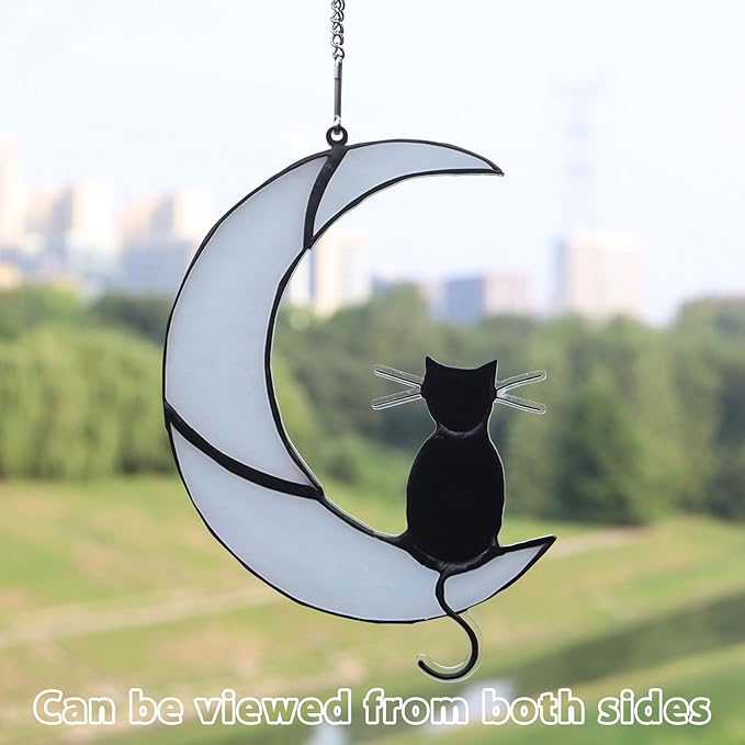 Black Cat Decor on White Moon Acrylic Sun Catcher Stained Window Hanging Ornament Halloween Decorations Cat Suncatcher for Women Pet Memorial Gifts Lovers Loss Sympathy Gifts Home Garden Panels