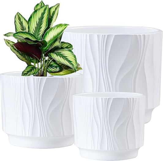 OXART Ceramic Planter with Drainage, 7.6+6.2+5 inch Plant Pot, Set of 3, Round Flower Pots for Intdoor Outdoor Plants, Home, Office, Garden, Lilies, Cacti, Succulents, Snakes, and Pothos, White