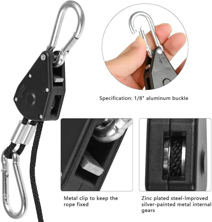 6 Pairs 1/8" Heavy Duty Ratchet Hangers, Adjustable Rope Hangers, Grow Light Rope Hangers for Grow Plant Fan Filter Light Room Equipment, 150 LB Capacity per Pair