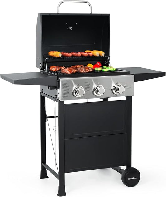 MASTER COOK 3 Burner BBQ Propane Gas Grill, Stainless Steel 30,000 BTU Patio Garden Barbecue Grill with Two Foldable Shelves