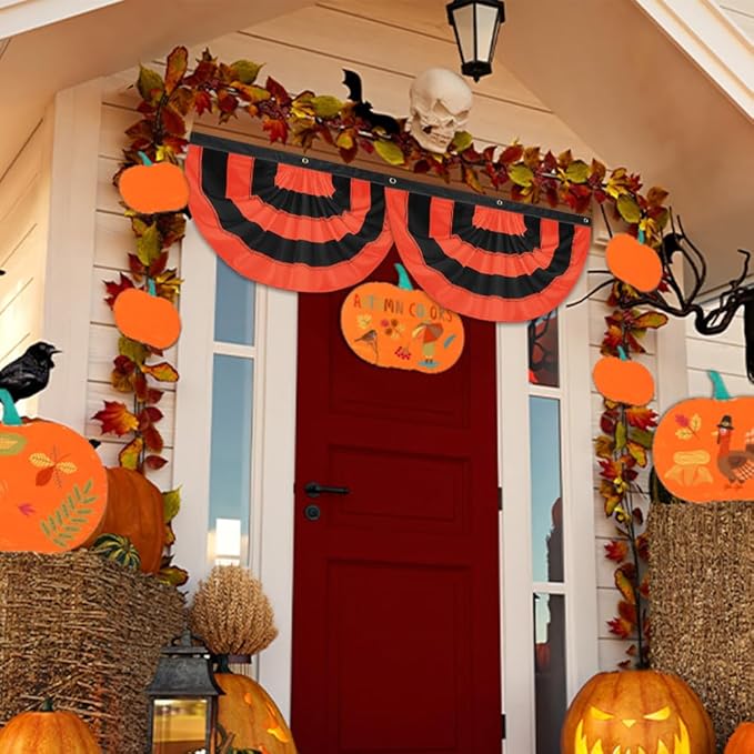4Pack Halloween Bunting Flags 2x4ft Fully Sewn Orange & Black 5 Stripe Pleated Half Fan Flag Banner Trick or Treat Happy Halloween Party Decor Outside Porch Yard Garden Indoor Wall