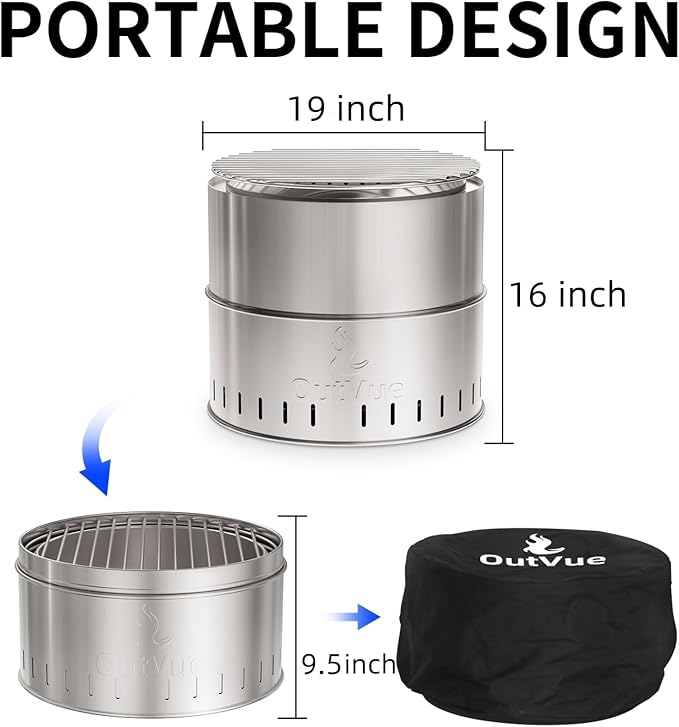 19 inch Stainless Steel Smokeless Fire Pit with Grill, Outdoor Smokeless Firepit, Wood Burning Fire Pits for Camping, Bonfire, Low Smoke Firepit for Outside (Vertical Hole)