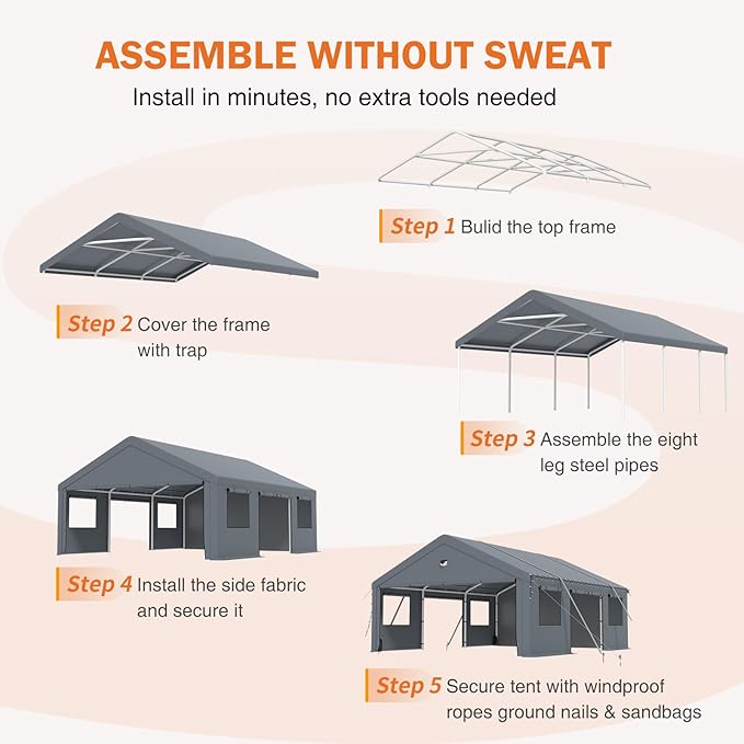 Carports 20X20 Heavy Duty，2 Car Carport with Side Doors，Extra Large Outdoor Carport Canopy，Portable Car Port Garage All Weather，Gray