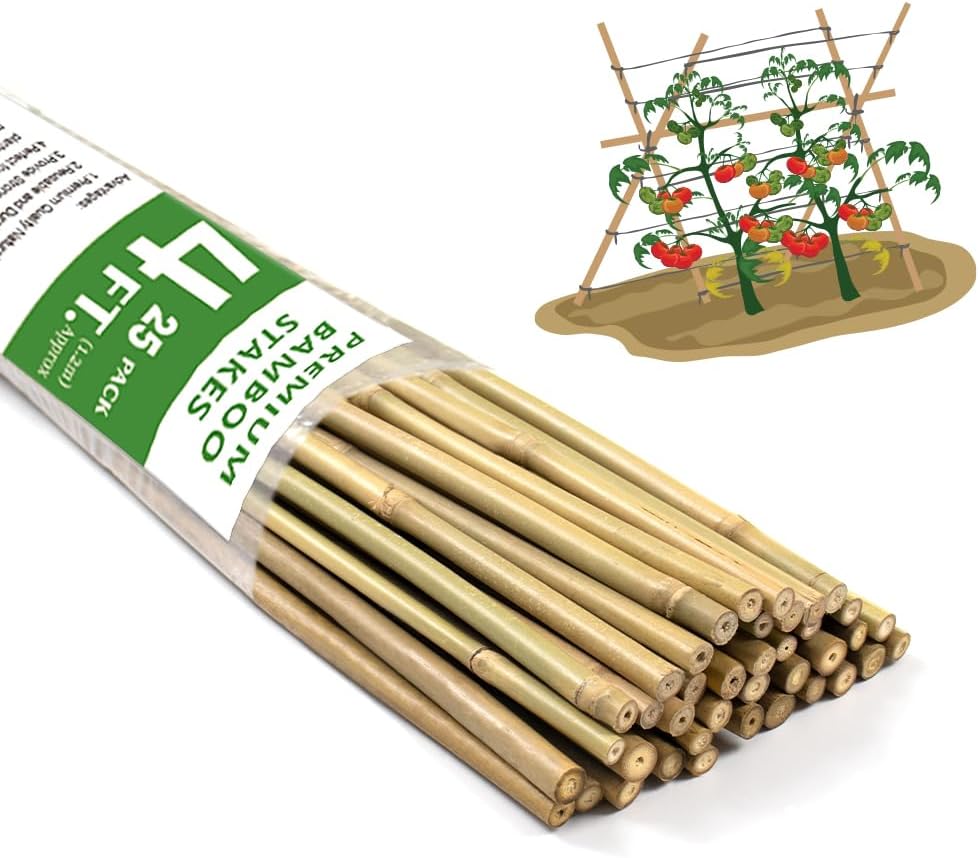Bamboo Stakes,4FT Natural Bamboo Garden Stakes,BOVITRO 25Pcs Plant Stakes,Bamboo Sticks for Tomato,Beans,Vegetable and Climbing Plants