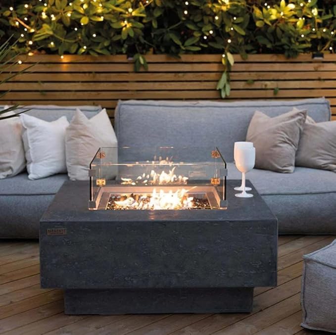 Elementi Manhattan Gas Fire Pit Bundle Concrete Fire Table, Outdoor Fire Pit Electronic Ignition | Canvas Cover, Lava Rock Included | Free AMS Wind Guard | Dark Gray (Natural Gas)