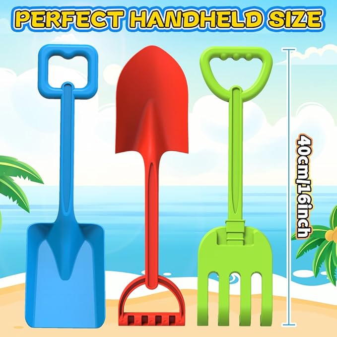 Jumbo Beach Shovels Rake Spade Toys Set for Kids, 16" Long Handle ABS Plastic Sand Scoop, 3 Pack Planting Summer Winter Travel Gift for Mud Sand Snow Digging, Backyard Gardening Tool Accessories